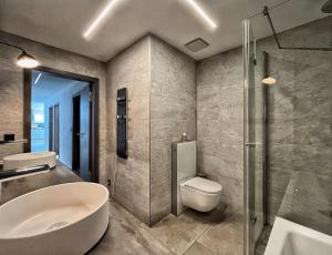 un bagno con wc, lavandino e doccia di Appartement moderne avec vue panoramique à Jongny proche de Montreux a Jongny