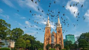 una bandada de aves volando delante de una iglesia en Van Giao Hotel, en Ho Chi Minh