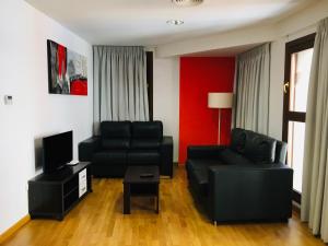 a living room with a black couch and a tv at Casa Palacio de los Sitios in Zaragoza