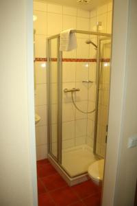 a bathroom with a shower and a toilet at Hotel Posthof in Sankt Wendel