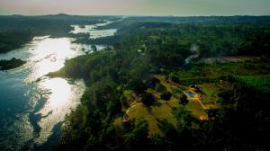 an aerial view of a river with trees and water at Buyala Bliss on the Nile in Jinja