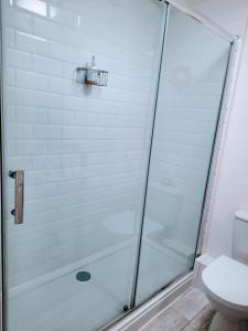 a shower with a glass door in a bathroom at No 10 Brixham ( With Free Parking ) in Brixham