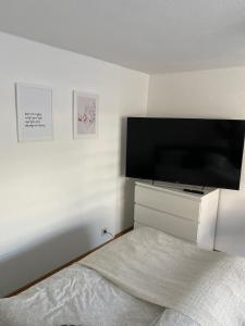 1 dormitorio con 1 cama y TV de pantalla plana en Kleines Apartment in Siegburg-Kaldauen en Siegburg