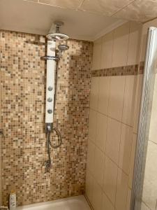 y baño con ducha y pared de azulejos. en Kleines Apartment in Siegburg-Kaldauen en Siegburg