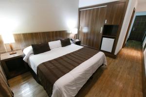 a hotel room with a large bed and a television at Casablanca Center Hotel in Petrópolis