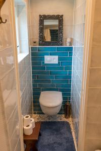 a blue tiled bathroom with a toilet and a mirror at B&B De Oude Skuur Ooi in Oosterend