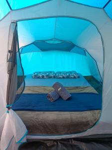 a bed in a tent with two pairs of shoes at Recanto do Vale Glamping in Pomerode