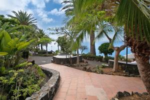 a brick walkway with palm trees and the ocean at Linaje del Pago Castellana in Tacoronte
