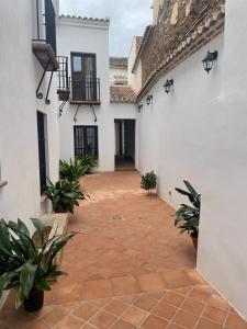 a courtyard of a white building with potted plants at Apartamentos Molinos in Constantina