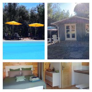 two pictures of a house with a bed and an umbrella at Chalet Le Petit olivier , gite l Echapée Belle Aubenas in Aubenas