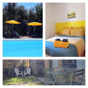 two pictures of a bedroom and a bed with an umbrella at Appartement RDC Le Brin de soleil, Gite l Echapée Belle in Aubenas