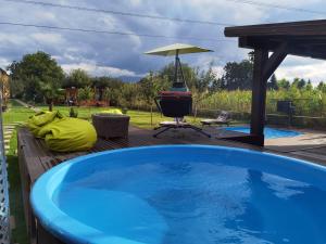 a large blue swimming pool sitting on a wooden deck at JANINE GARDEN in Braşov