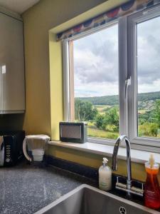 a kitchen with a window with a tv on a counter at No.2 Bloom Apartments, Bath in Bath