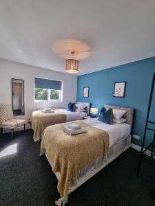 two beds in a room with blue walls at No.2 Bloom Apartments, Bath in Bath