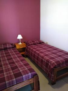 two beds in a room with purple walls at container in San Gerónimo