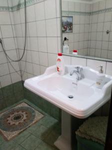 um lavatório branco na casa de banho com um chuveiro em La lucerna delle dodici stelle em Piglio