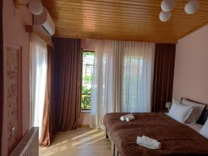 una camera da letto con due letti e una grande finestra di Hotel and Restaurant "VILLA GIVISI" a Lagodekhi