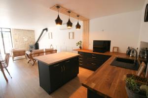 a kitchen with a counter top and a living room at Villa du domaine Mas Lafleur 4 personnes in Châteaurenard