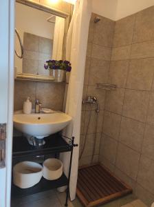ein Bad mit einem Waschbecken und einer Dusche in der Unterkunft Sun & Sea Apartment in Apollonia