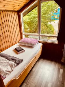 a bed in a room with a window at PREMIUM-Ferienhaus für 5 Gäste - Sauna, Wald u. Berge Extertal-Ferienpark #49 in Extertal