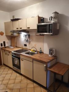 una piccola cucina con lavello e microonde di Ferienhaus-Schönwald im Herzen des Schwarzwaldes 2-Zimmer mit Terrasse und Whirlpool App15 a Schönwald