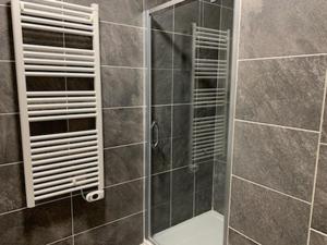 eine Dusche mit Glastür und Fenster in der Unterkunft Charmant appart 4 pers avec balcon, parking & WiFi - FR-1-198-211 in Châtel