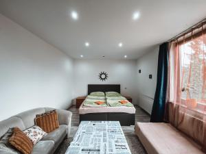 uma sala de estar com um sofá e uma cama em Cozy B&B Home em Banská Bystrica