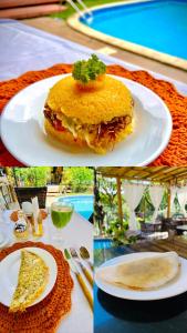 a collage of pictures of a sandwich on a plate at Pousada Arraial Charme in Arraial d'Ajuda