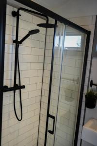 a shower with two shower heads on a wall at Four Acres Farm Shepherds Huts in Donaghadee