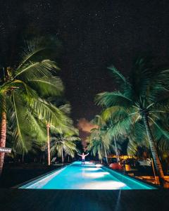 a swimming pool with palm trees at night at Villas Taturé in São Miguel dos Milagres