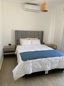 a bedroom with a large bed with a blue blanket at Riviera Vichayito in Vichayito