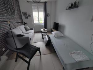 un salon avec un canapé et une table dans l'établissement Appartement INDU Centre ville de VITRÉ, à Vitré