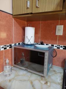un horno microondas sentado en la parte superior de un mostrador en Departamento Luiggi con cochera en Bahía Blanca