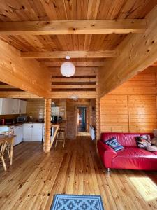 salon z czerwoną kanapą w drewnianym domu w obiekcie Red Robins Nest w Galway
