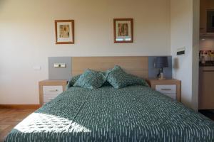 a bed with a green comforter in a bedroom at Estudio frente al Parque Fluvial con garaje in Gijón