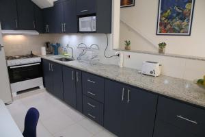 uma cozinha com armários pretos e uma bancada em Elegante Duplex Oceanico da Elena Super Cozinha USP y UfSCAR em São Carlos