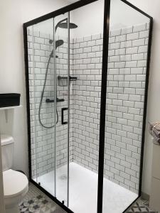 eine Dusche mit Glaskabine im Bad in der Unterkunft L ATELIER cour clim 3 ETOILES in Moissac