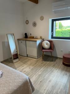 a bedroom with a sink and a chair and a mirror at Le Mas d'Archas Montélimar Sud in Allan