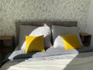 Una cama con dos almohadas amarillas. en Calm Apartment nr 8, en Olsztyn
