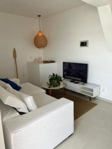 a living room with a white couch and a tv at Casa Marambaia 3 in Rio de Janeiro