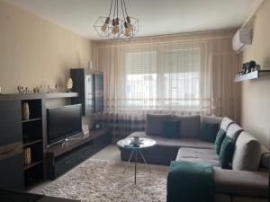a living room with a couch and a tv at Bella Apartman Debrecen in Debrecen