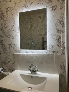 uma casa de banho com um lavatório e um espelho em Shakespeare’s Nest em Prescot