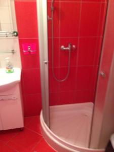 a bathroom with a shower with red tile at Apartments with a parking space Pirovac, Sibenik - 15271 in Pirovac