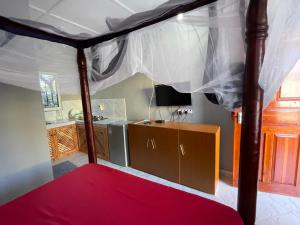 a bedroom with a canopy bed with a red carpet at Casa Da Luna Studios in Watamu +27 photos