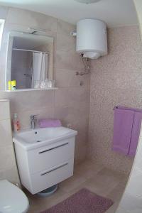 a bathroom with a sink and a toilet and a mirror at Apartment Podaca 15475a in Podaca +14 photos