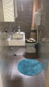 a bathroom with a sink and a toilet and a blue rug at Apartments with parking space Drasnice, Makarska - 15492 in Drasnice