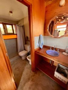 a bathroom with a sink and a toilet and a mirror at Mandala Tiny House, Traslasierra. in Yacanto