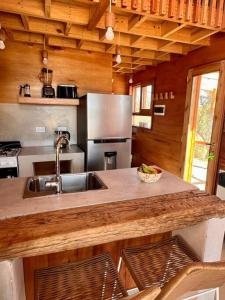 a kitchen with a sink and a stainless steel refrigerator at Mandala Tiny House, Traslasierra. in Yacanto