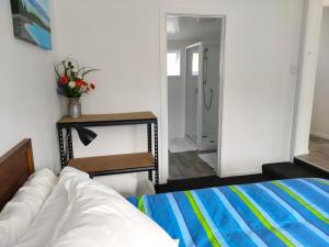 a bedroom with a bed and a walk in shower at Heays Lane Cottage in Kaikoura