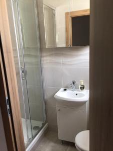 a bathroom with a shower and a sink and a toilet at Apartments with a parking space Podstrana, Split - 16032 in Podstrana